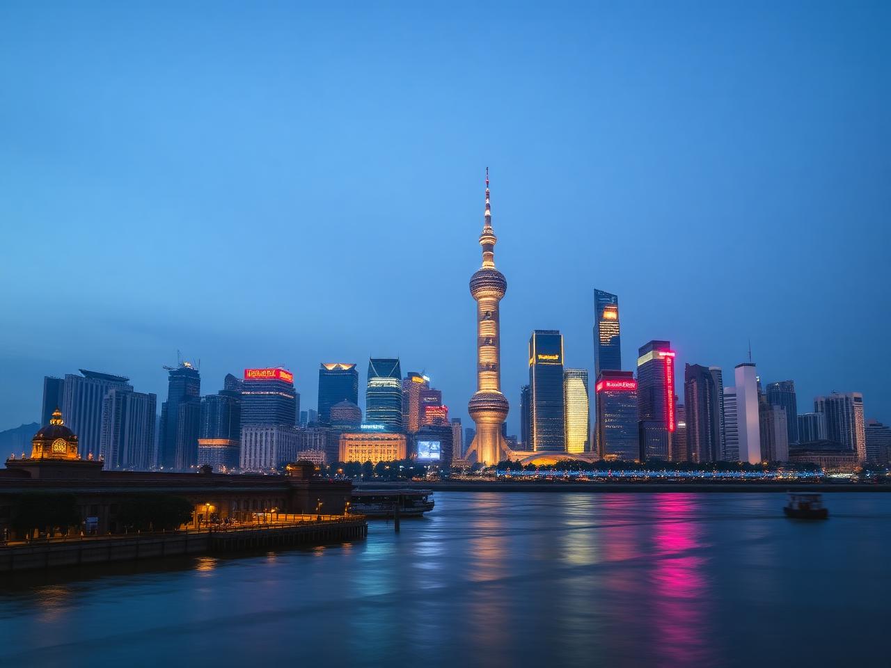 Shanghai skyline at dusk from the Bund
