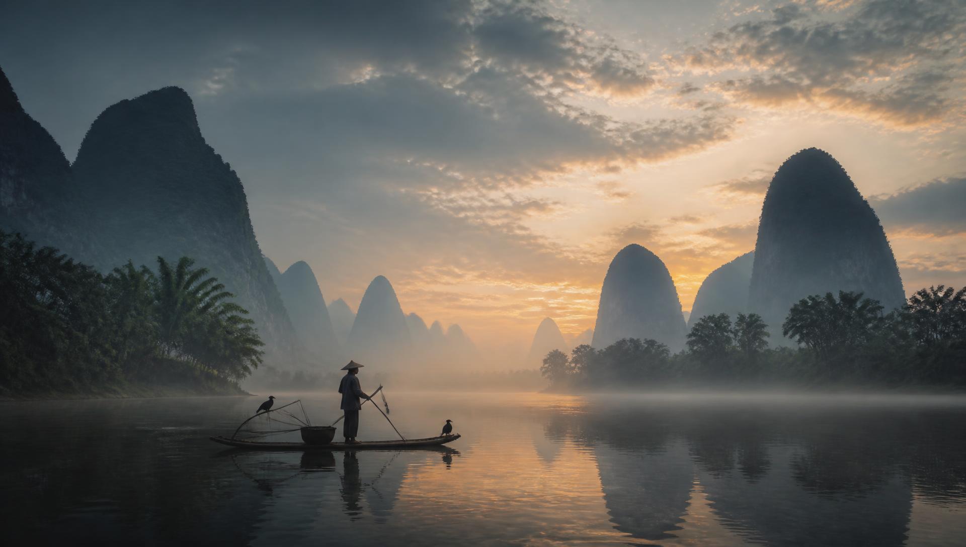 Karst peaks and morning mist on the Li River near Guilin