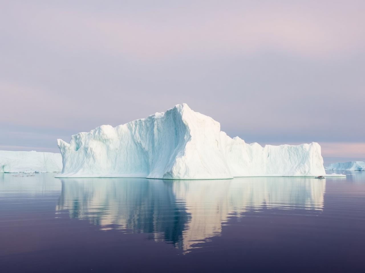 A tabular iceberg on glass water.