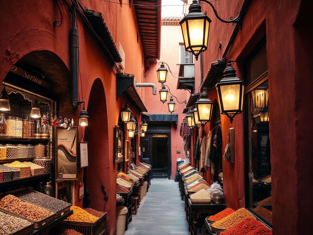 Spice stalls in the medina at dusk.