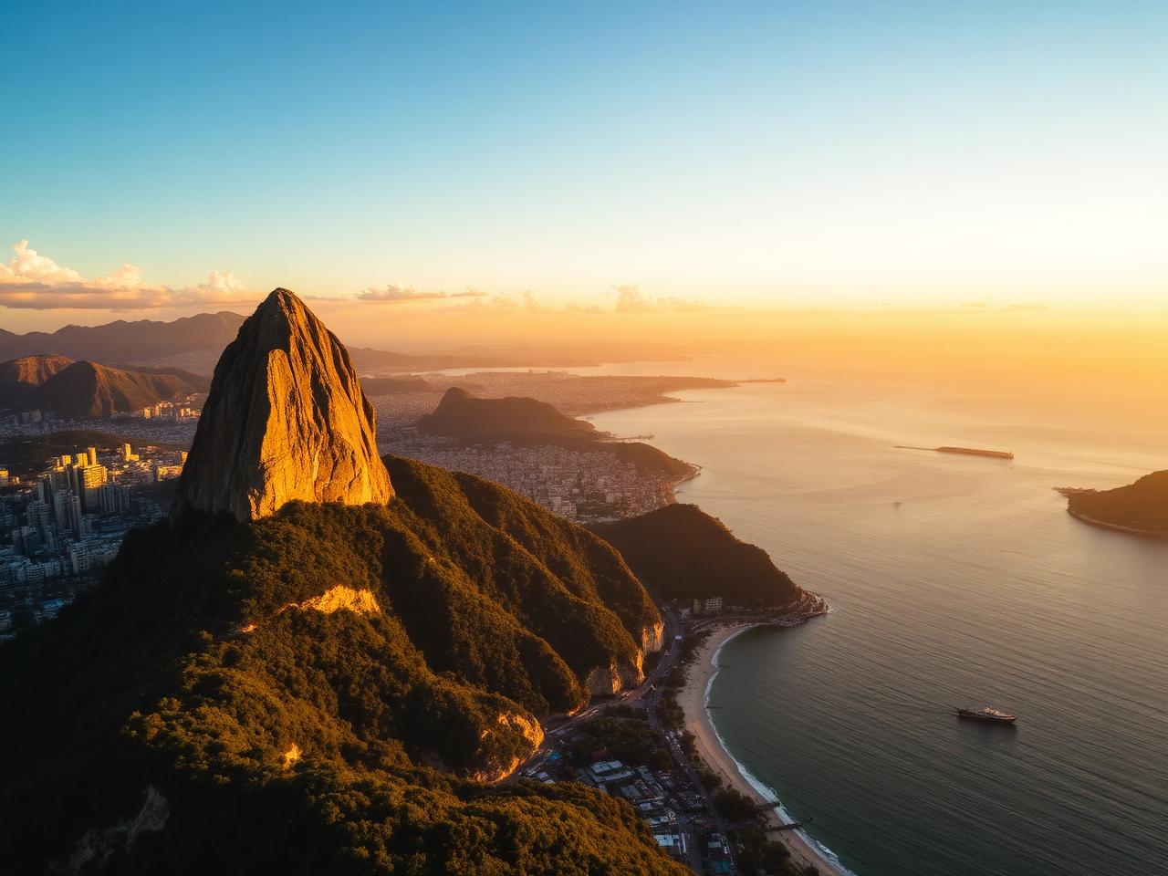 Sugarloaf glowing over Guanabara Bay.