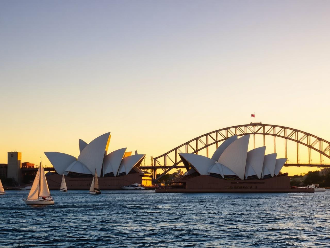 Opera House sails at golden hour.