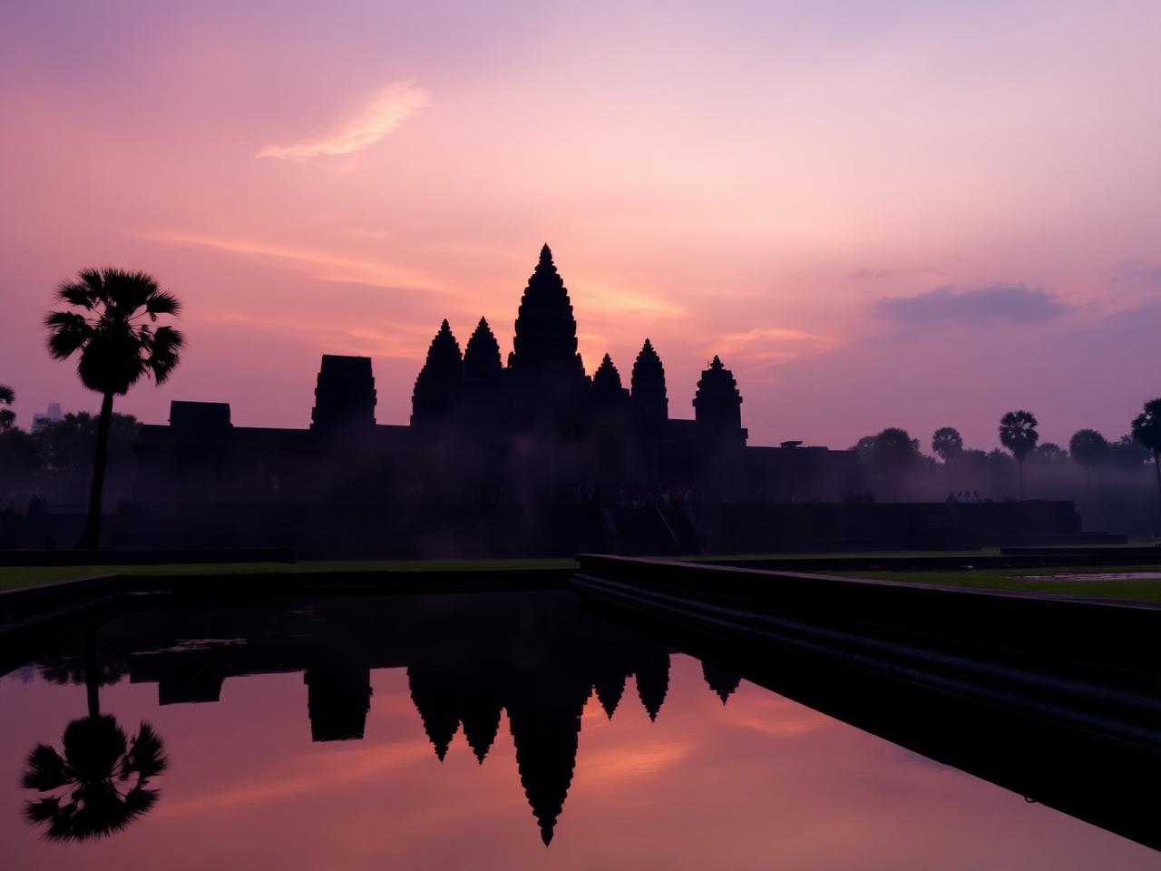 Sunrise behind the towers of Angkor Wat.
