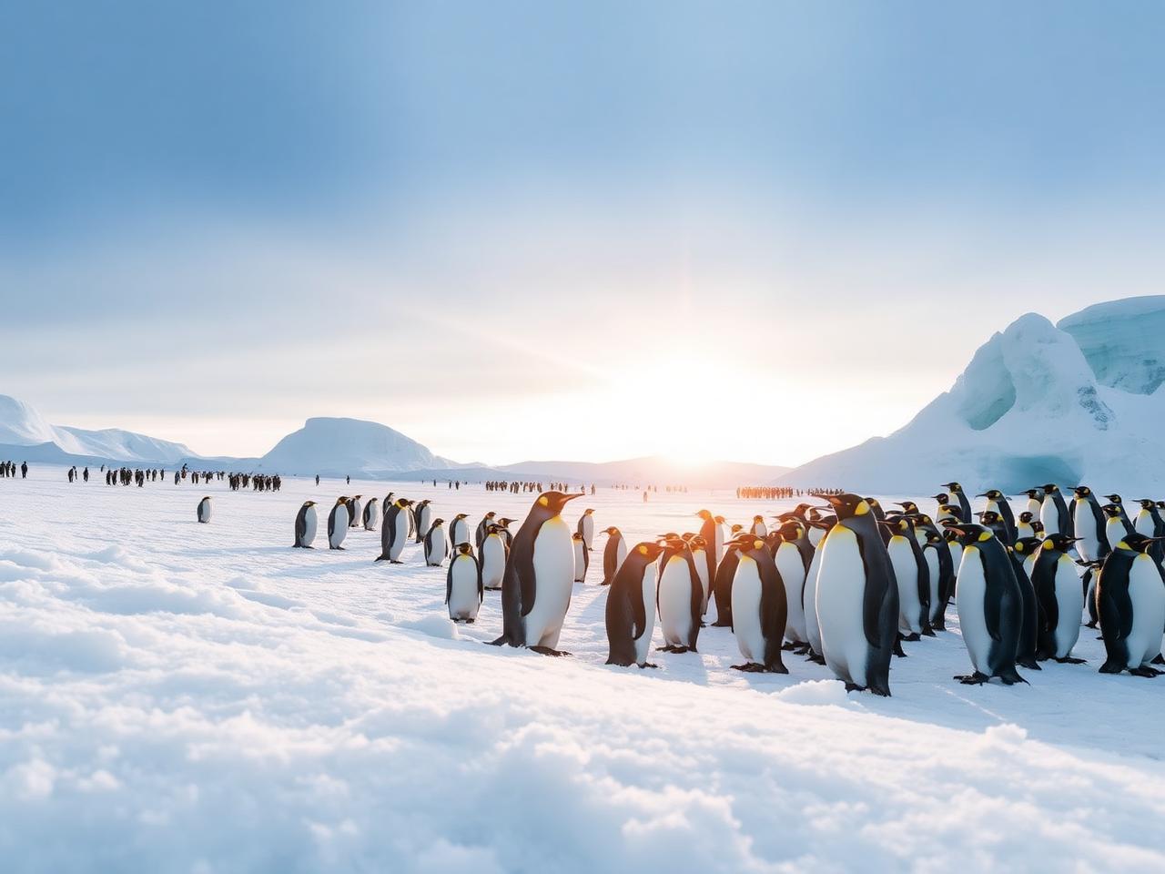 Emperor penguins in low sun.