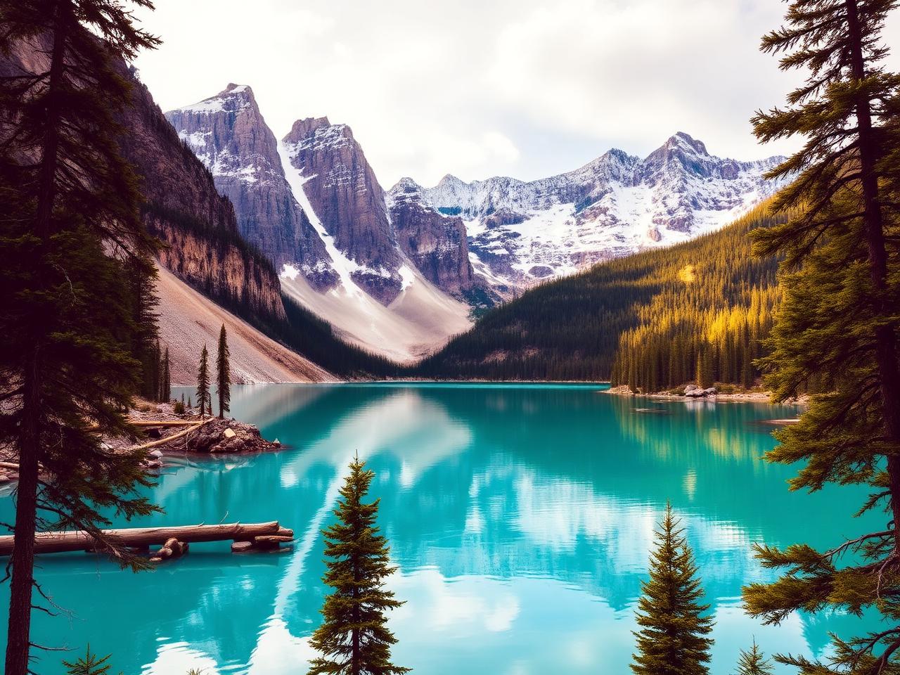 Turquoise lake beneath the Rockies.