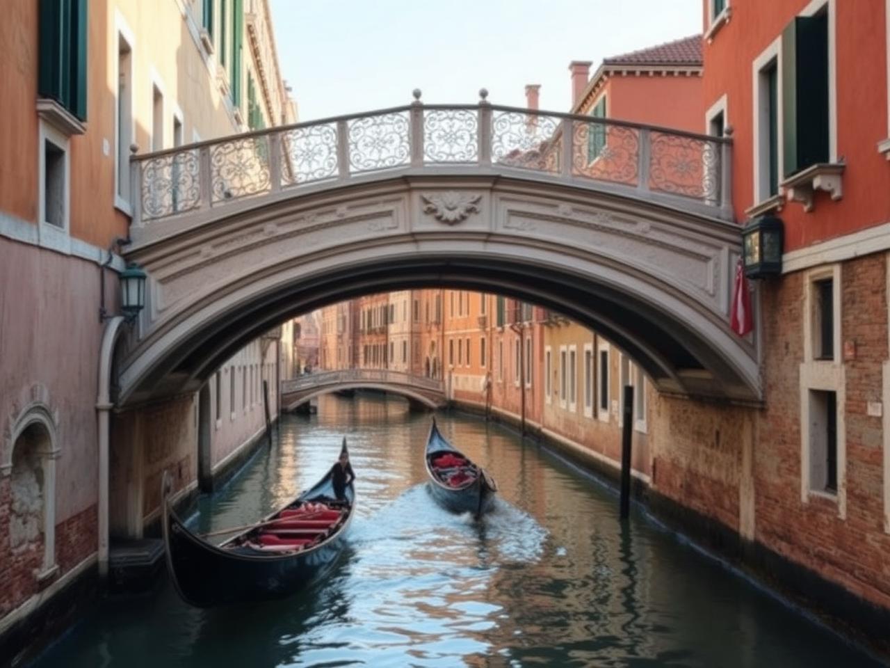 Gondolas resting on quiet canals.