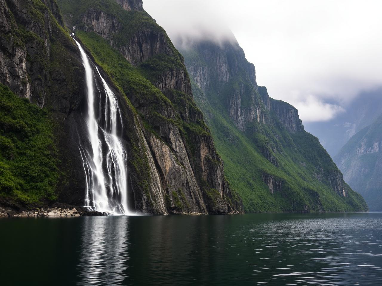 Cliffs and waterfalls in the fjord.
