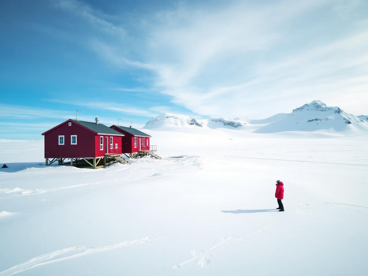 Red huts on a white plateau.