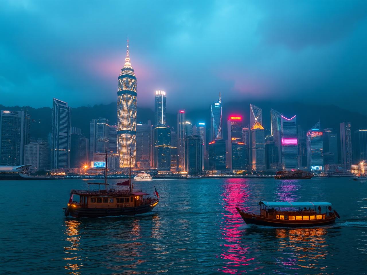 Neon and mist over Victoria Harbour.