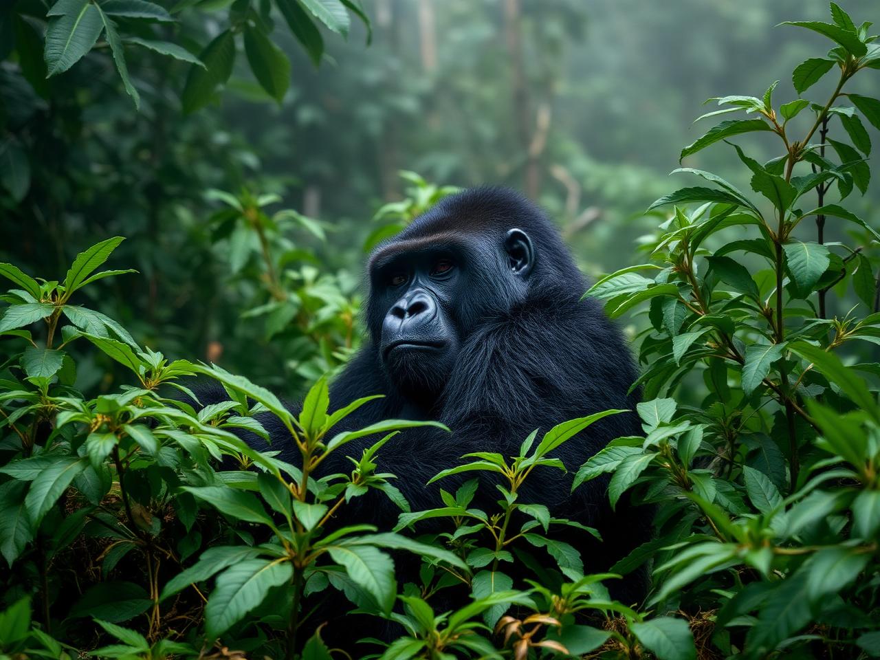 A mountain gorilla in the mist.